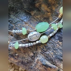 "Tranquil" Triple Strand Necklace, Citrine, Mint and Brassy Beaded Necklace.